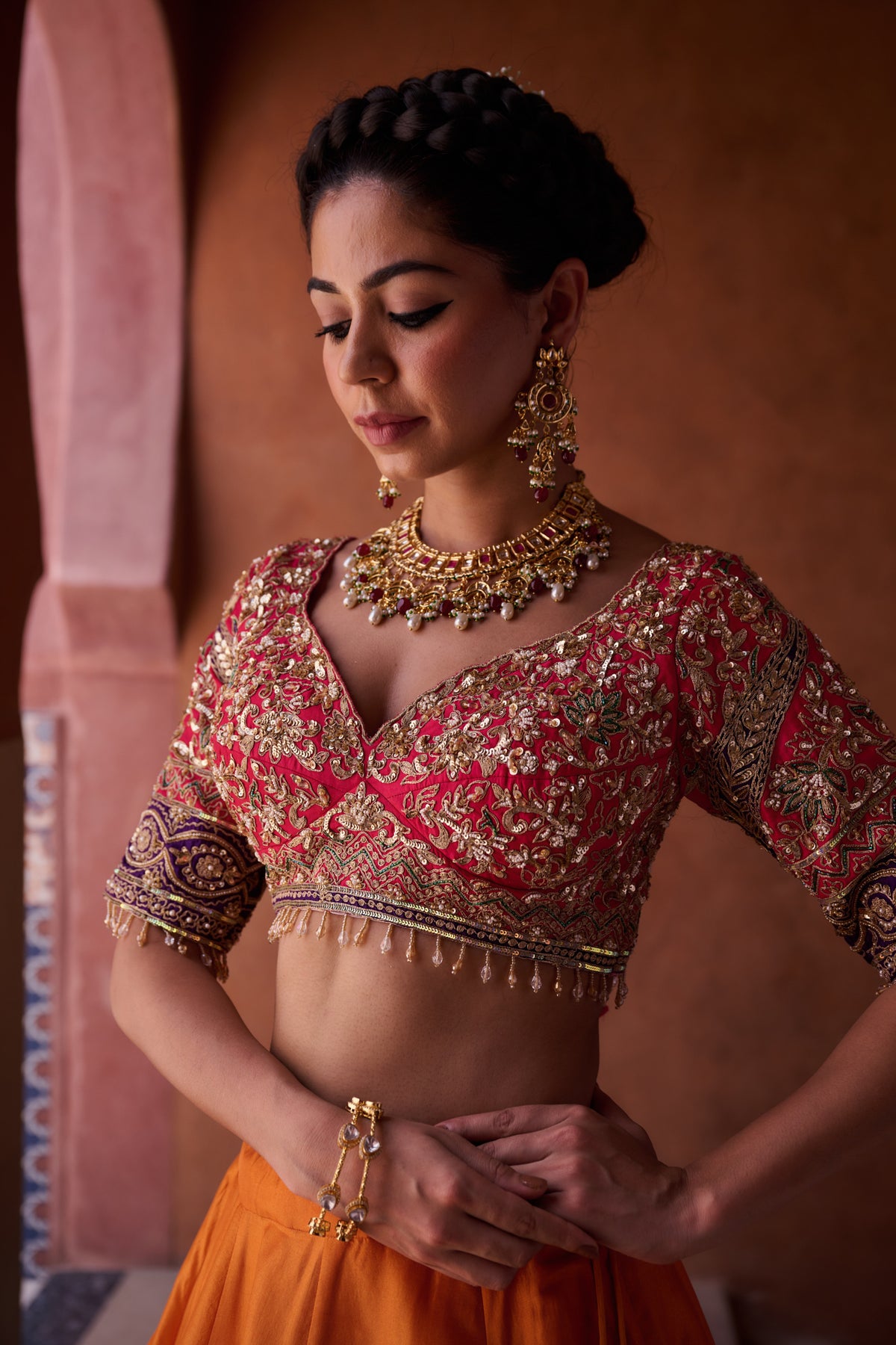 Rust Orange And Magenta Pink Upada Silk Blouse, Lehenga And Dupatta