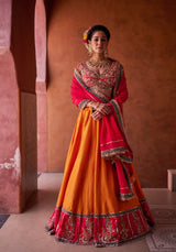 Rust Orange And Magenta Pink Upada Silk Blouse, Lehenga And Dupatta