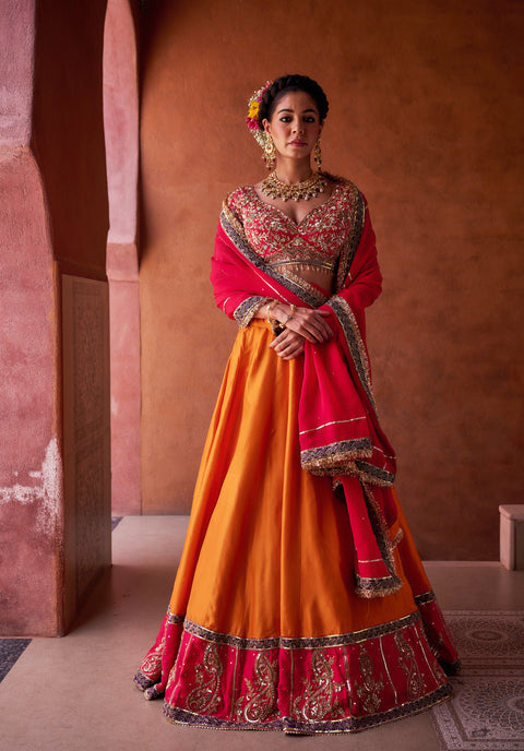 Rust Orange And Magenta Pink Upada Silk Blouse, Lehenga And Dupatta