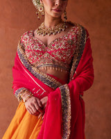 Rust Orange And Magenta Pink Upada Silk Blouse, Lehenga And Dupatta