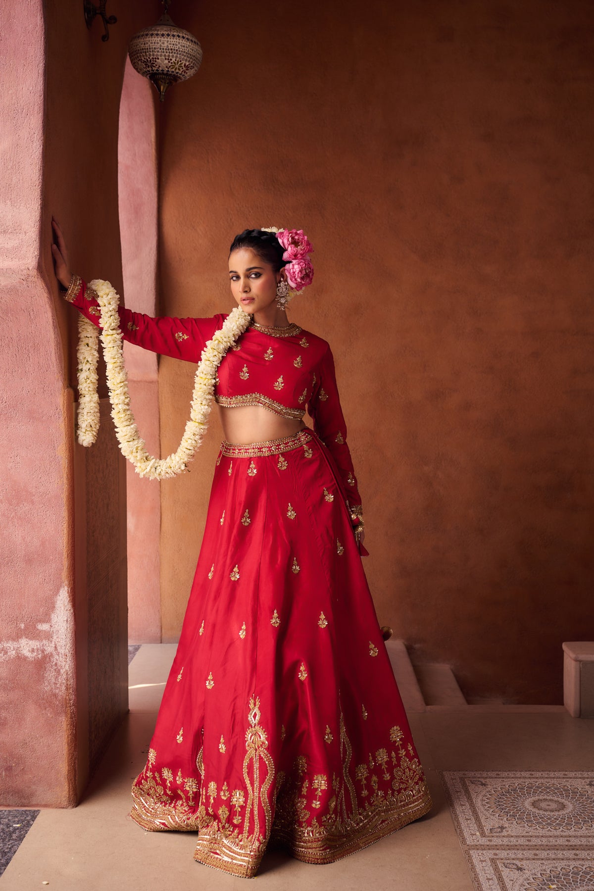 Reddish Coral Upada Silk Blouse, Lehenga And Shimmer Tissue Dupatta