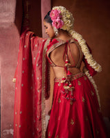 Reddish Coral Upada Silk Blouse, Lehenga And Shimmer Tissue Dupatta