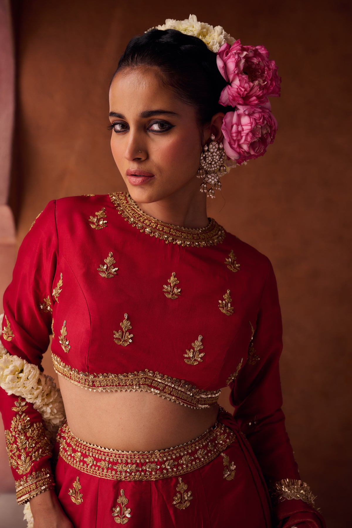 Reddish Coral Upada Silk Blouse, Lehenga And Shimmer Tissue Dupatta