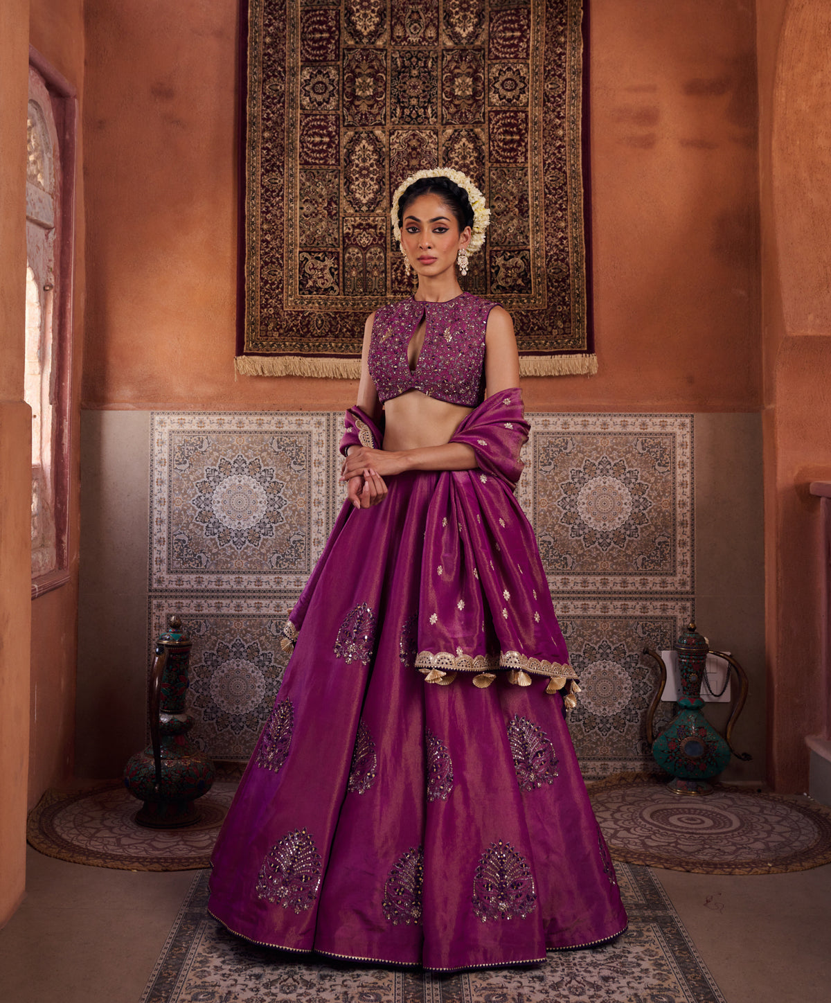 Purple Shimmer Tissue Blouse, Lehenga And Dupatta