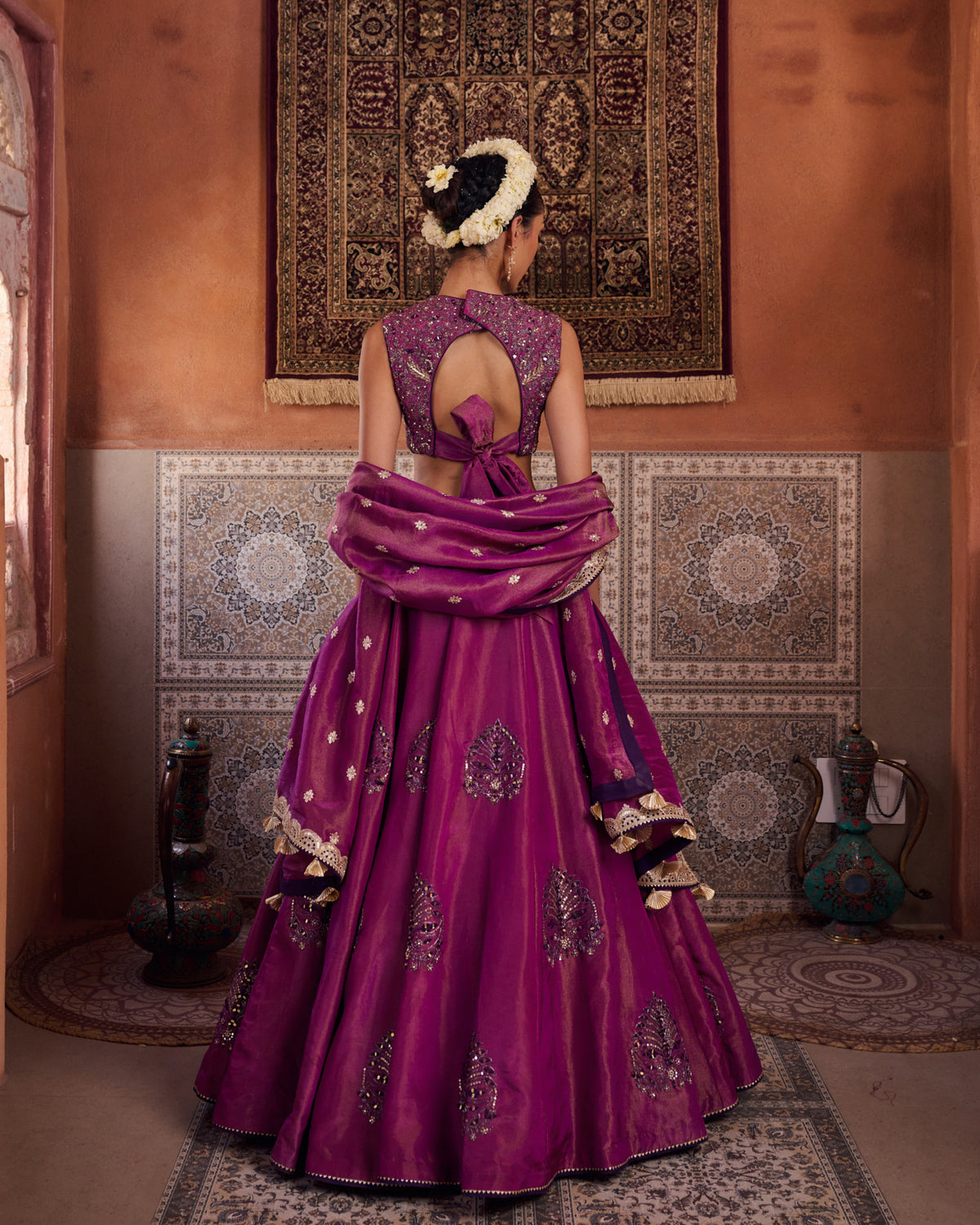 Purple Shimmer Tissue Blouse, Lehenga And Dupatta