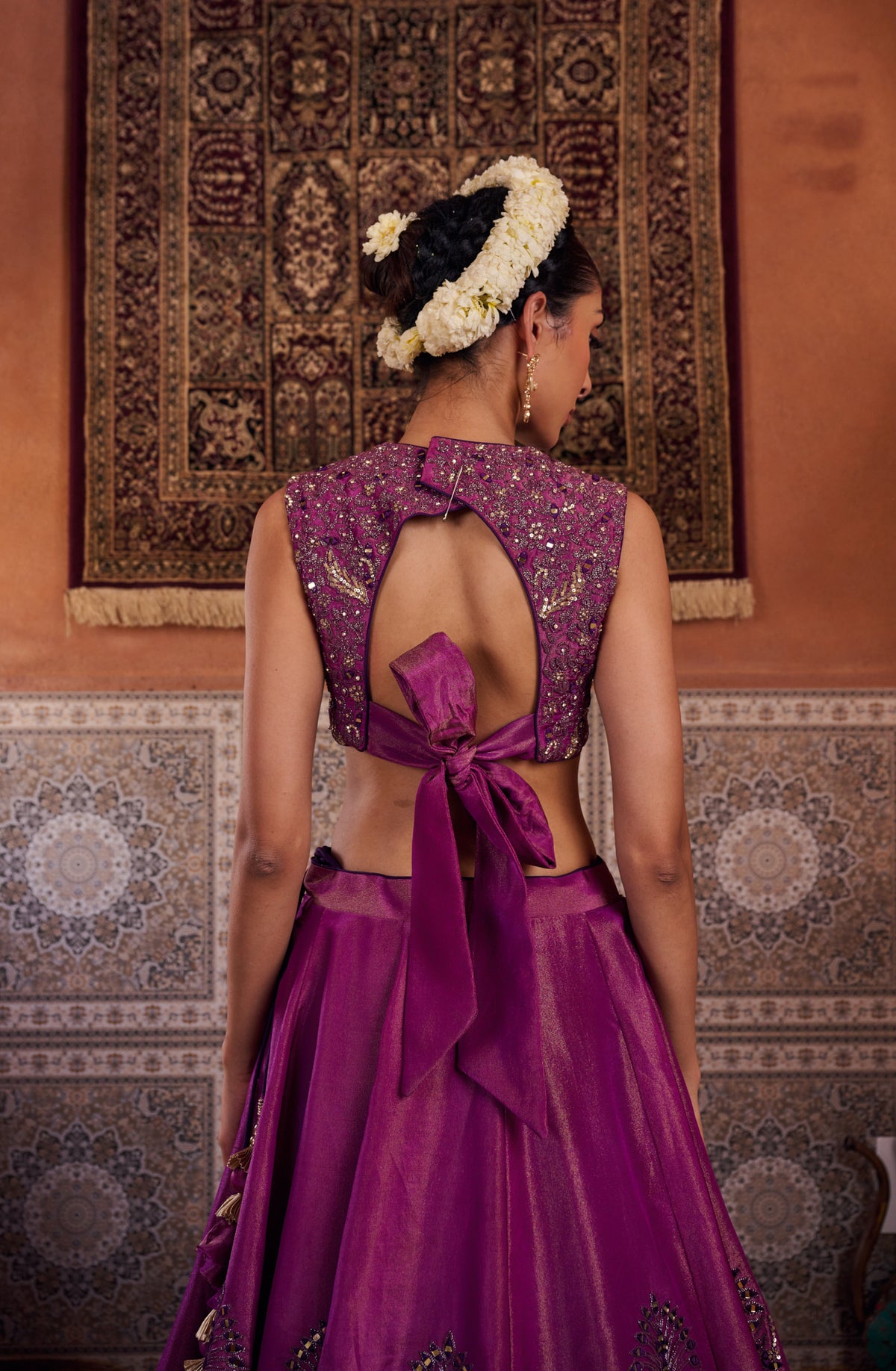 Purple Shimmer Tissue Blouse, Lehenga And Dupatta