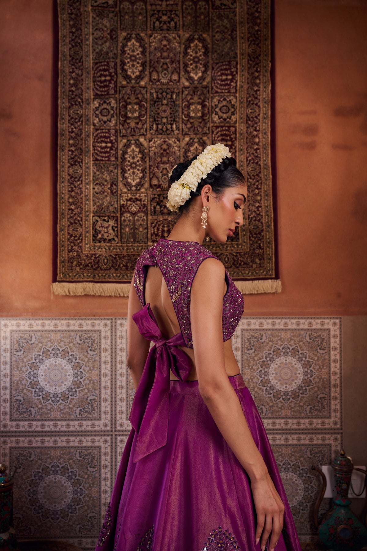 Purple Shimmer Tissue Blouse, Lehenga And Dupatta