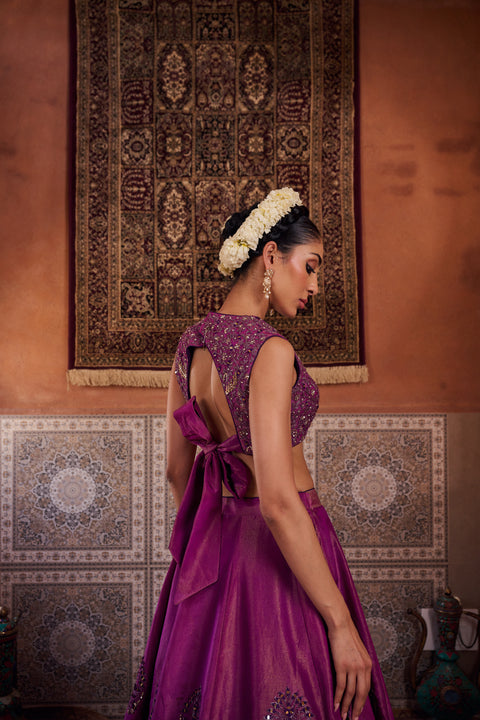 Purple Shimmer Tissue Blouse, Lehenga And Dupatta
