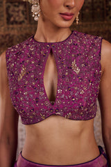 Purple Shimmer Tissue Blouse, Lehenga And Dupatta
