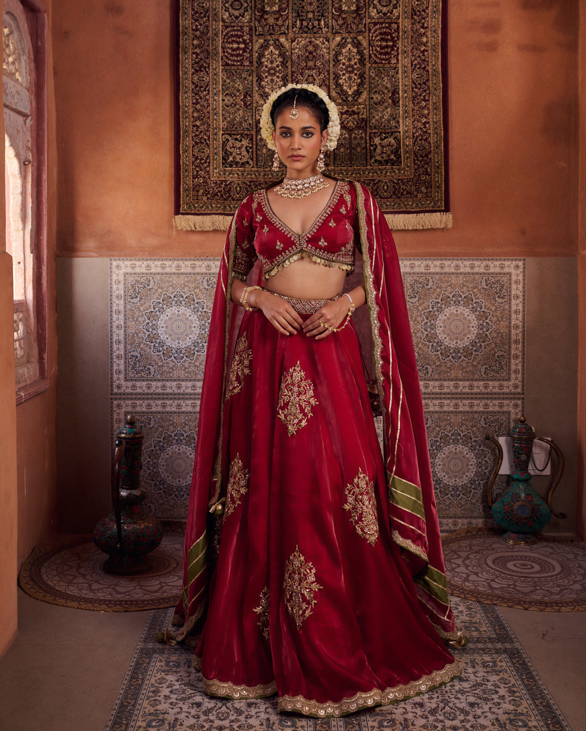 Maroon Glass Tissue Blouse, Lehenga And Dupatta