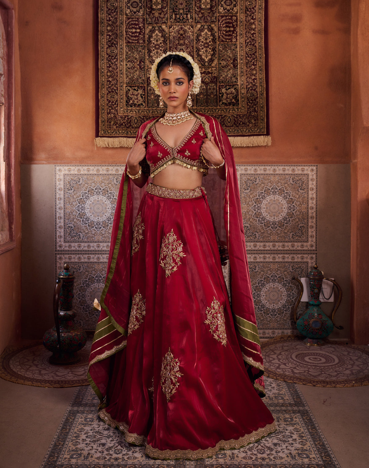 Maroon Glass Tissue Blouse, Lehenga And Dupatta