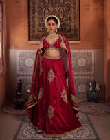 Maroon Glass Tissue Blouse, Lehenga And Dupatta