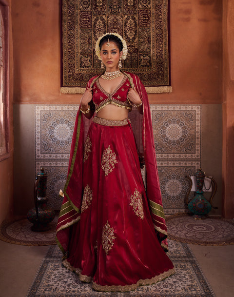 Maroon Glass Tissue Blouse, Lehenga And Dupatta