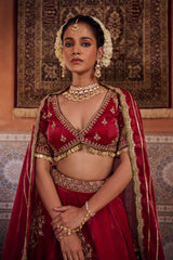 Maroon Glass Tissue Blouse, Lehenga And Dupatta