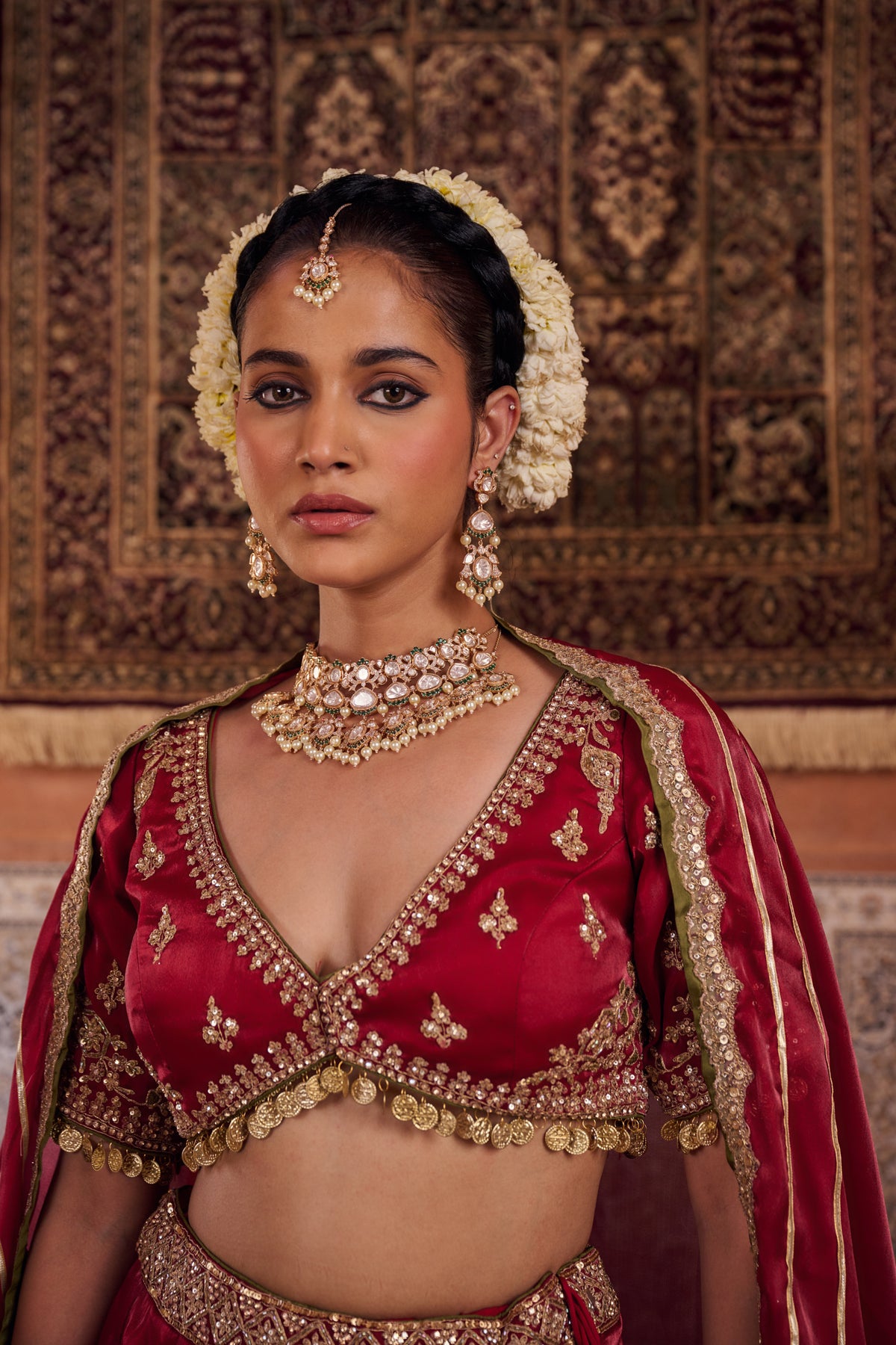 Maroon Glass Tissue Blouse, Lehenga And Dupatta