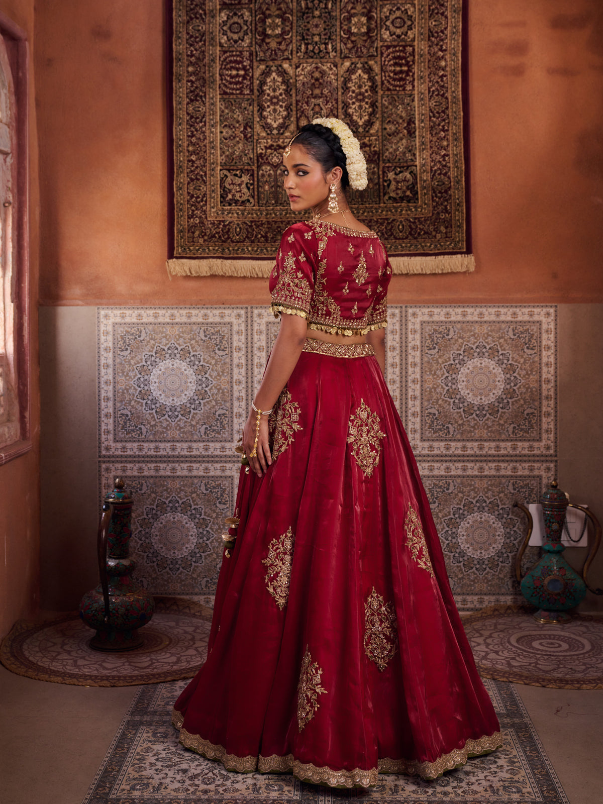 Maroon Glass Tissue Blouse, Lehenga And Dupatta