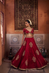 Maroon Glass Tissue Blouse, Lehenga And Dupatta