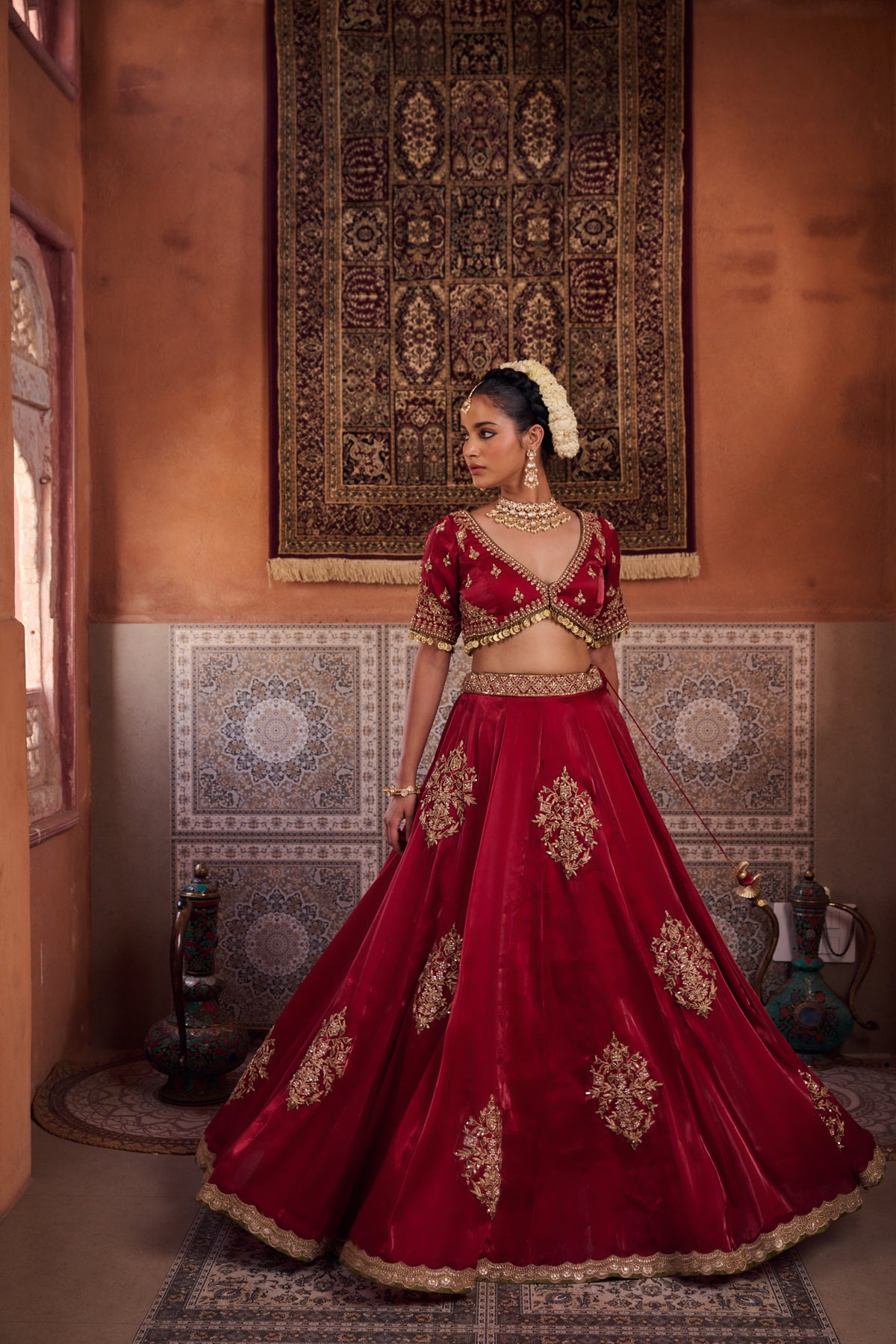 Maroon Glass Tissue Blouse, Lehenga And Dupatta