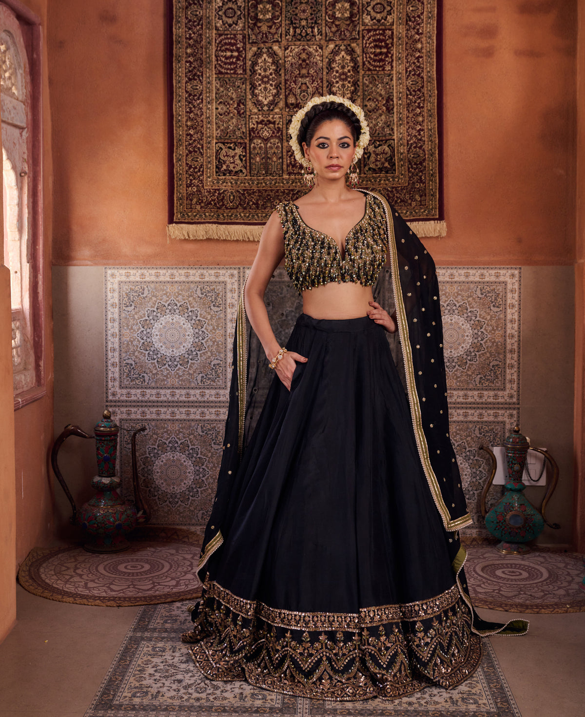 Black And Mehendi Green Embellished Blouse, Lehenga And Dupatta