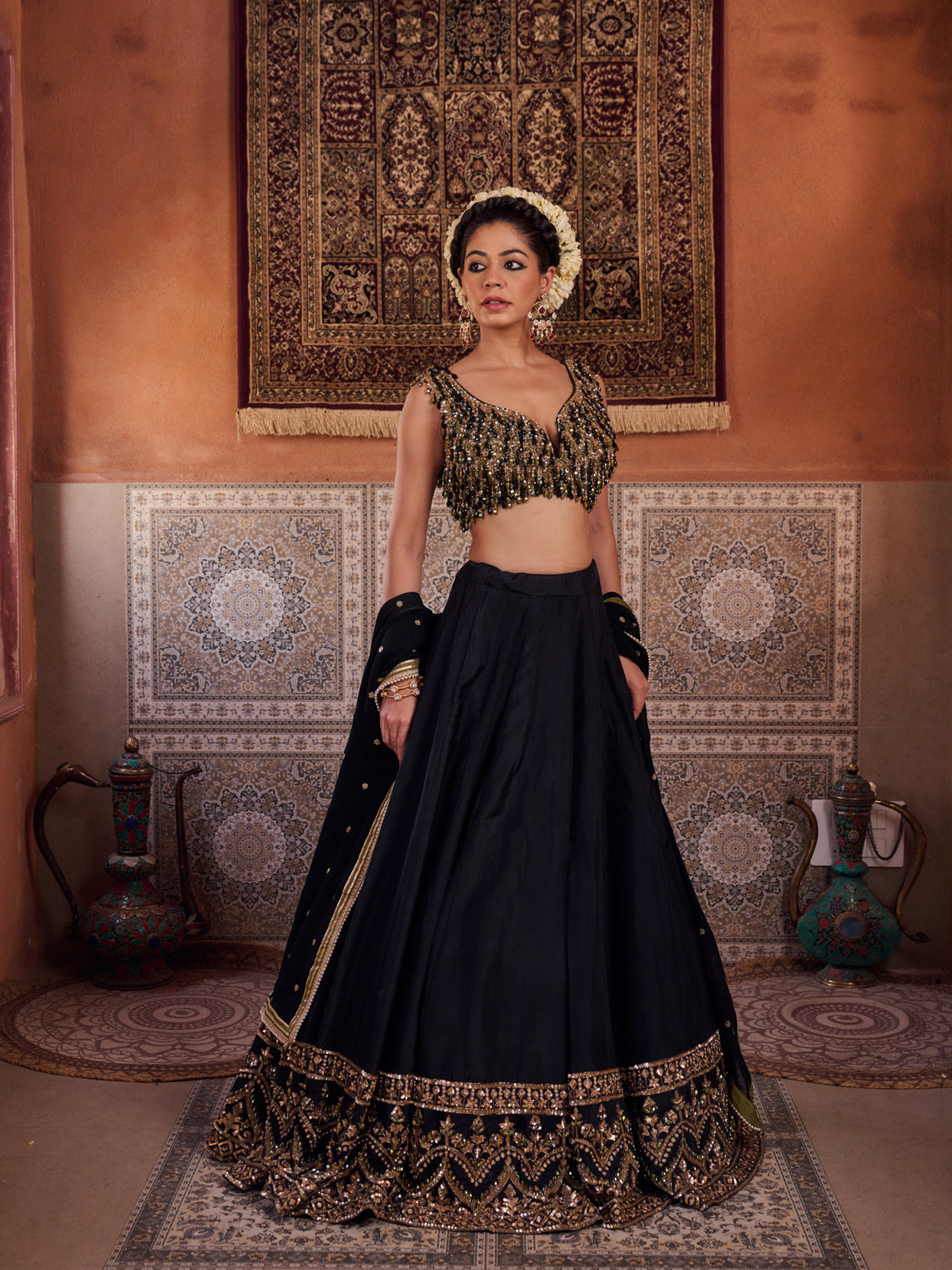 Black And Mehendi Green Embellished Blouse, Lehenga And Dupatta