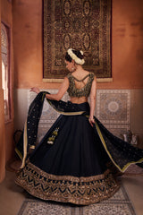 Black And Mehendi Green Embellished Blouse, Lehenga And Dupatta