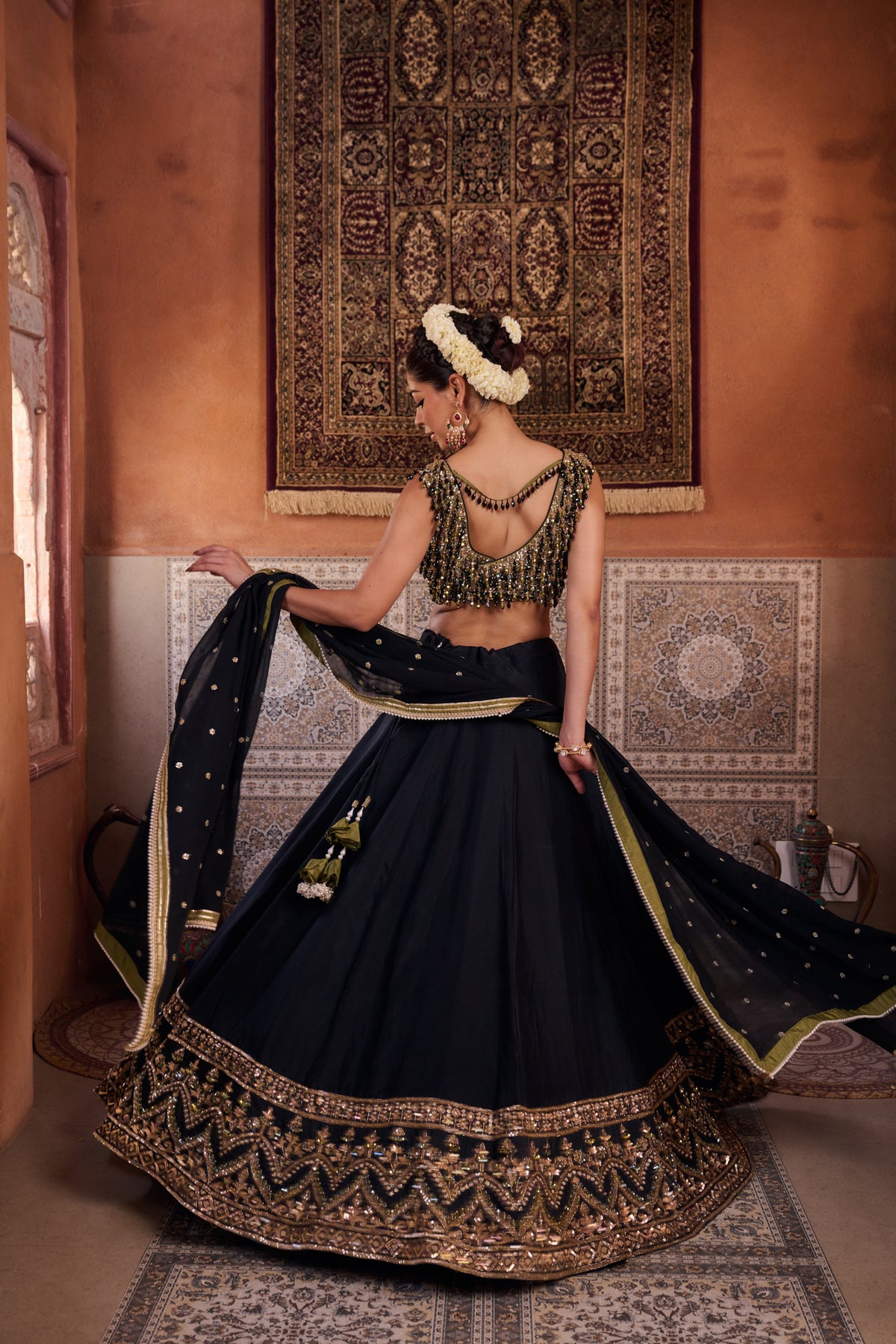 Black And Mehendi Green Embellished Blouse, Lehenga And Dupatta