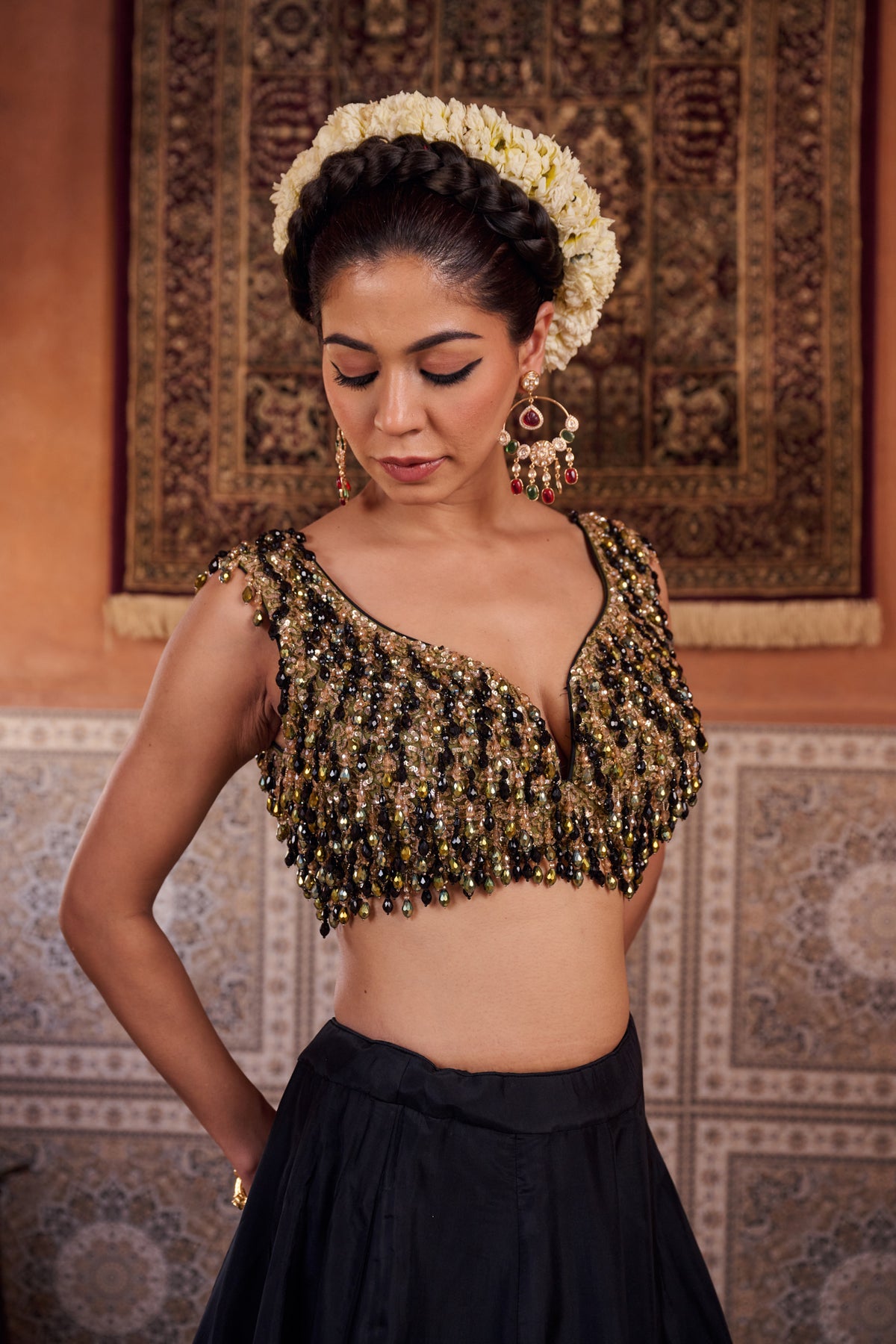Black And Mehendi Green Embellished Blouse, Lehenga And Dupatta