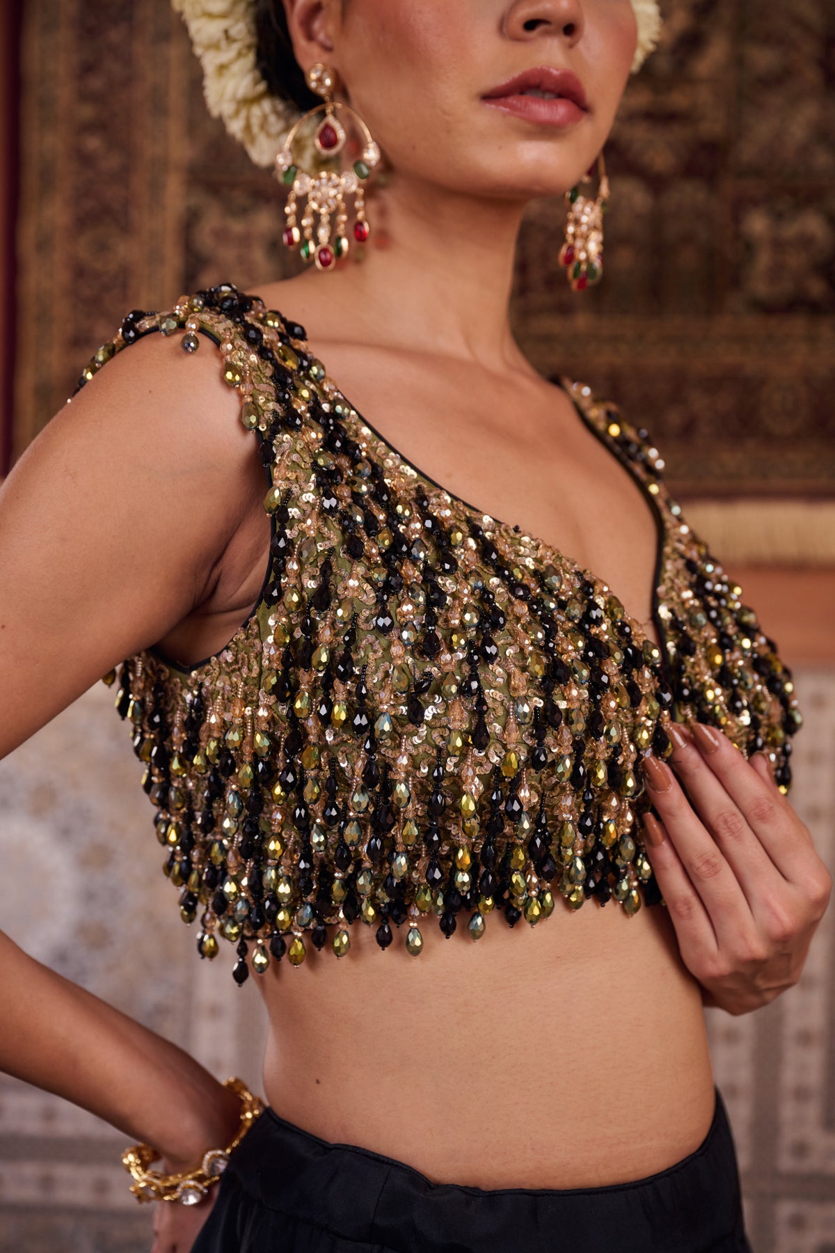 Black And Mehendi Green Embellished Blouse, Lehenga And Dupatta