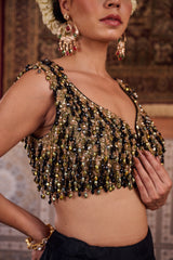 Black And Mehendi Green Embellished Blouse, Lehenga And Dupatta