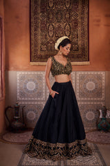Black And Mehendi Green Embellished Blouse, Lehenga And Dupatta