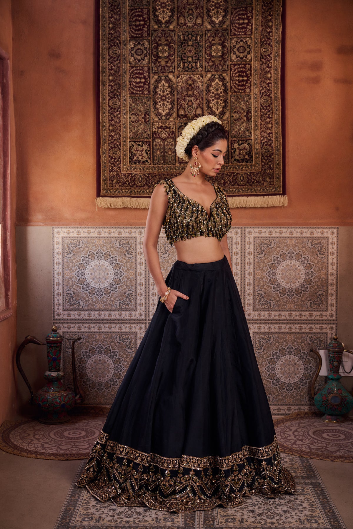 Black And Mehendi Green Embellished Blouse, Lehenga And Dupatta