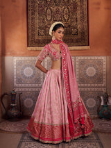 Blush Pink And Fuchsia Upada Silk Blouse, Banarsi Silk Lehenga And Dupatta