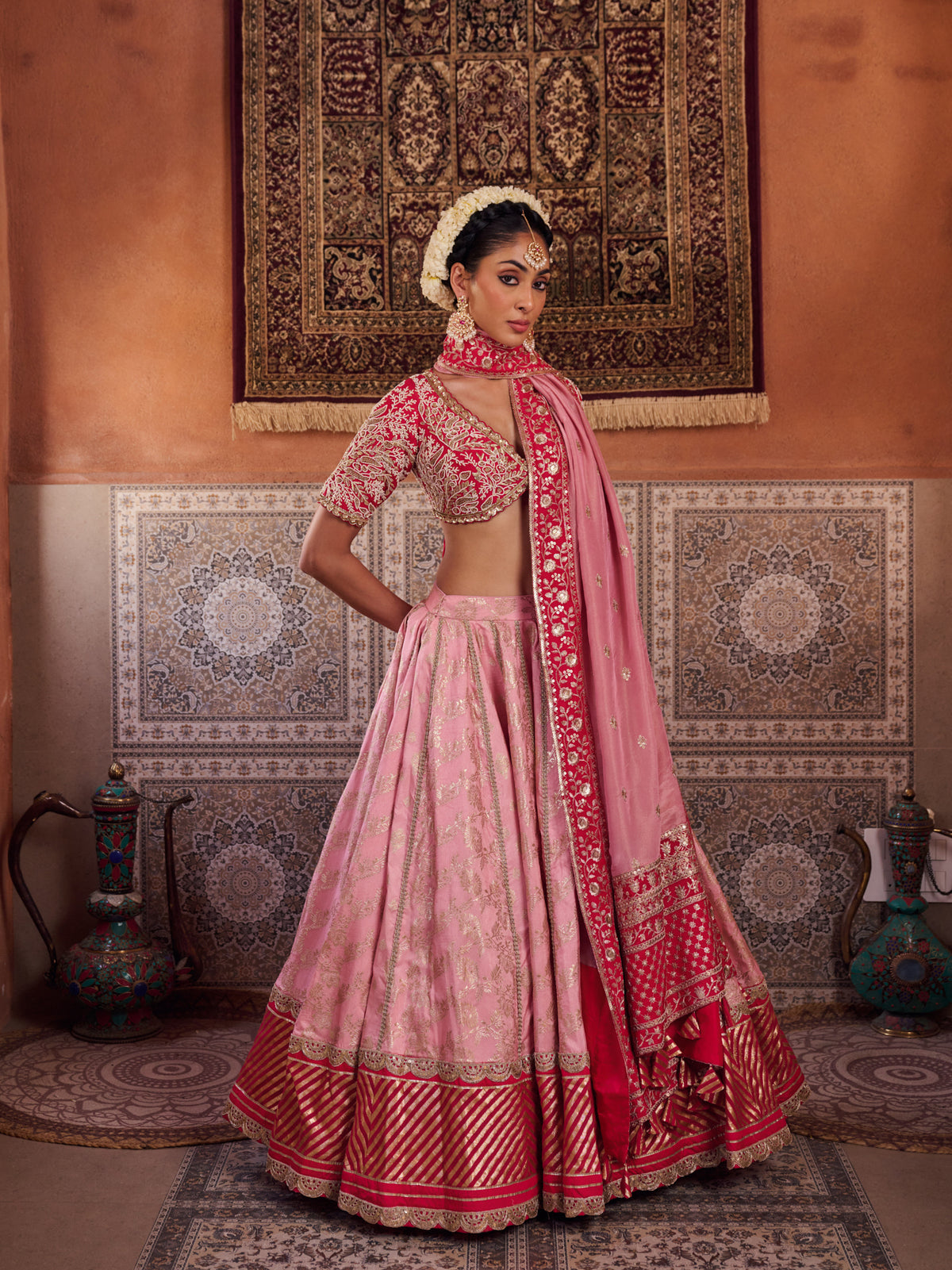 Blush Pink And Fuchsia Upada Silk Blouse, Banarsi Silk Lehenga And Dupatta