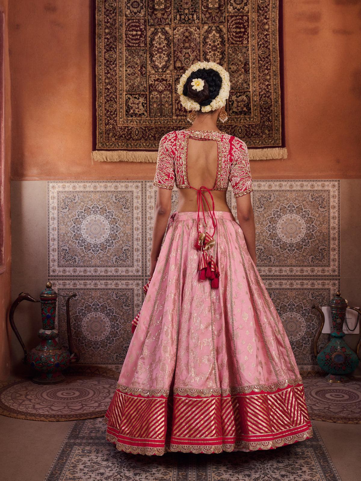 Blush Pink And Fuchsia Upada Silk Blouse, Banarsi Silk Lehenga And Dupatta