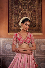 Blush Pink And Fuchsia Upada Silk Blouse, Banarsi Silk Lehenga And Dupatta
