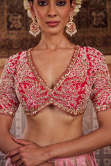 Blush Pink And Fuchsia Upada Silk Blouse, Banarsi Silk Lehenga And Dupatta