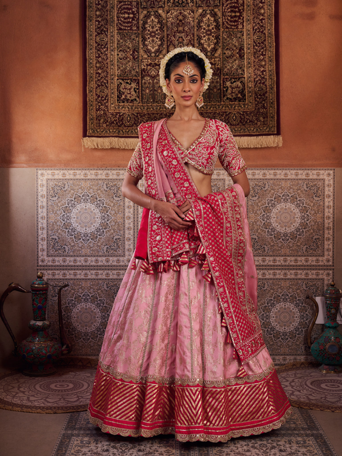 Blush Pink And Fuchsia Upada Silk Blouse, Banarsi Silk Lehenga And Dupatta