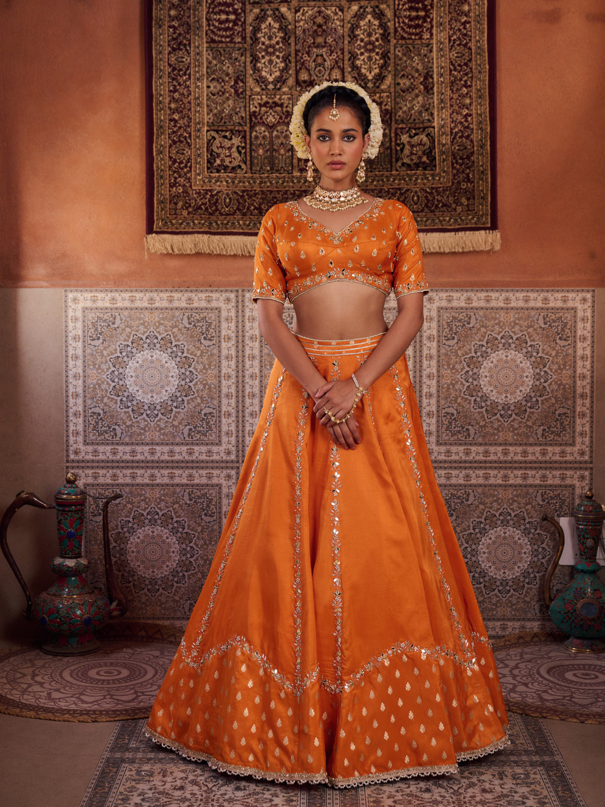 Rust Orange Silk Embroidered Blouse, Lehenga & Dupatta