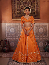 Rust Orange Silk Embroidered Blouse, Lehenga & Dupatta