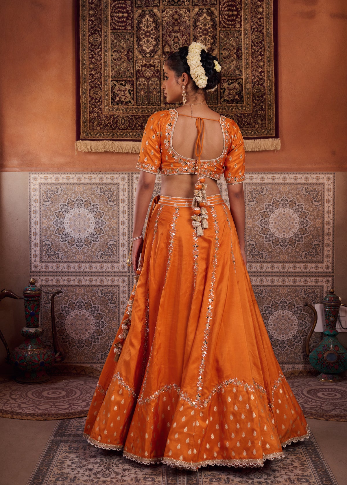 Rust Orange Silk Embroidered Blouse, Lehenga & Dupatta