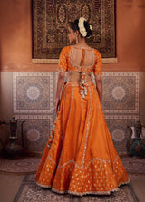 Rust Orange Silk Embroidered Blouse, Lehenga & Dupatta