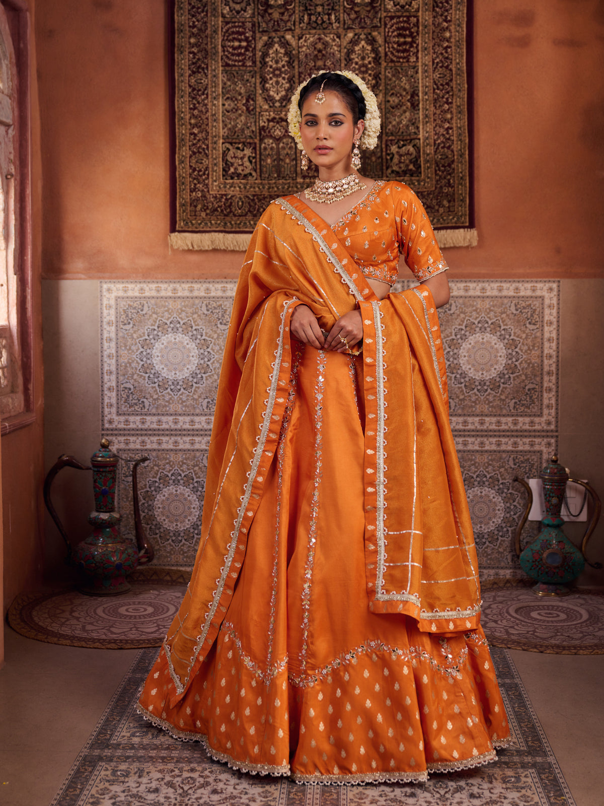 Rust Orange Silk Embroidered Blouse, Lehenga & Dupatta