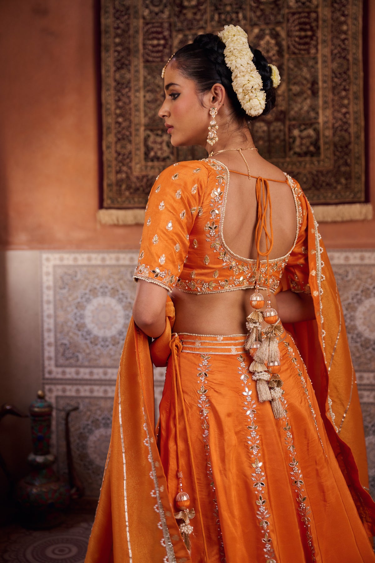 Rust Orange Silk Embroidered Blouse, Lehenga & Dupatta