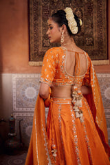 Rust Orange Silk Embroidered Blouse, Lehenga & Dupatta