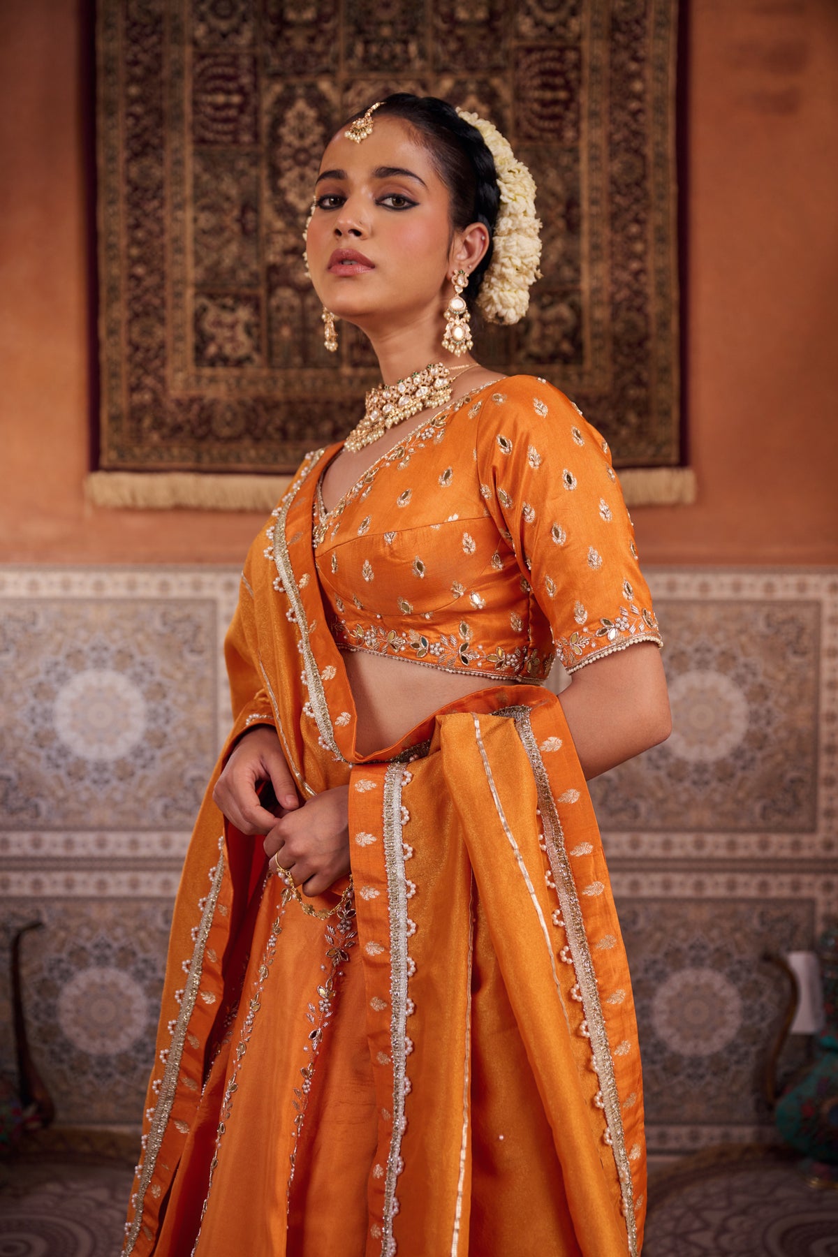 Rust Orange Silk Embroidered Blouse, Lehenga & Dupatta