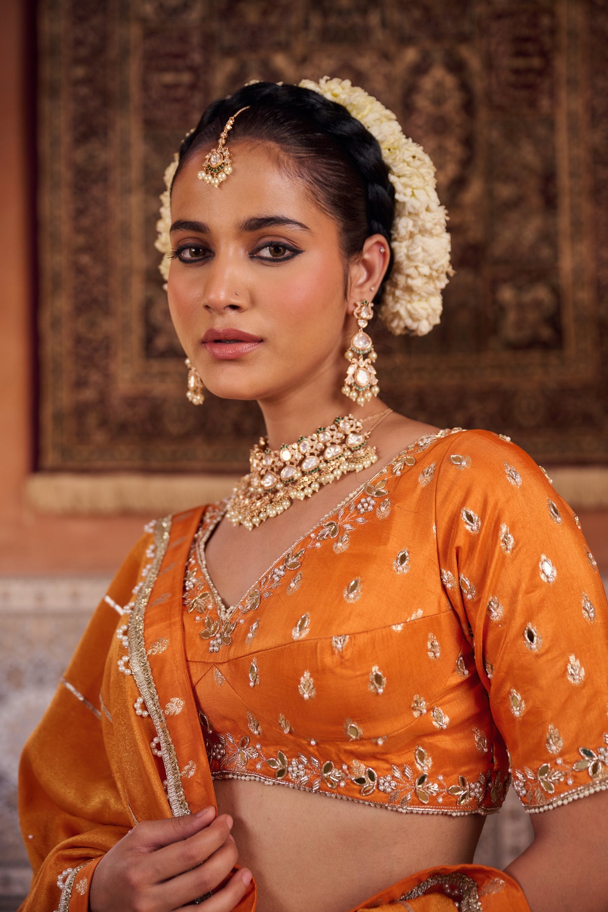 Rust Orange Silk Embroidered Blouse, Lehenga & Dupatta