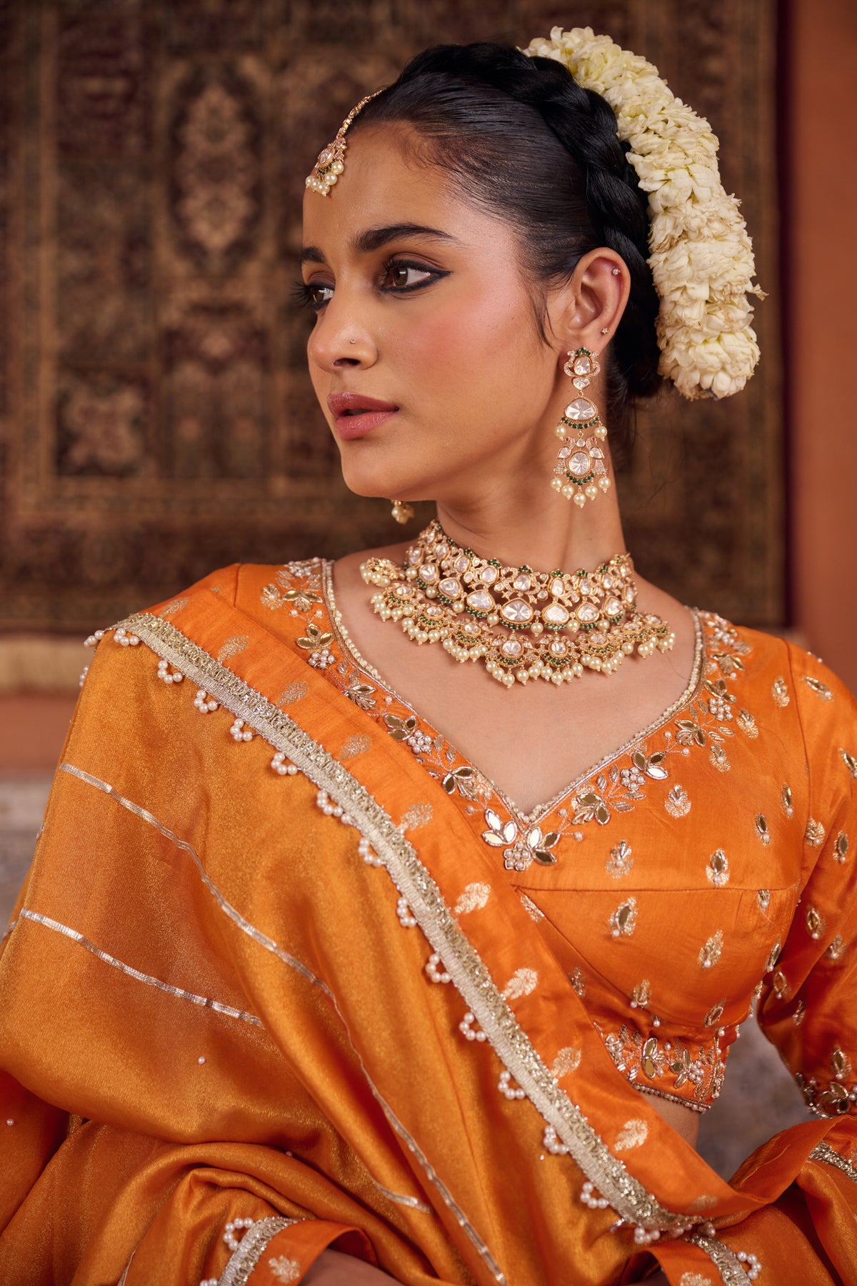 Rust Orange Silk Embroidered Blouse, Lehenga & Dupatta