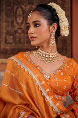 Rust Orange Silk Embroidered Blouse, Lehenga & Dupatta