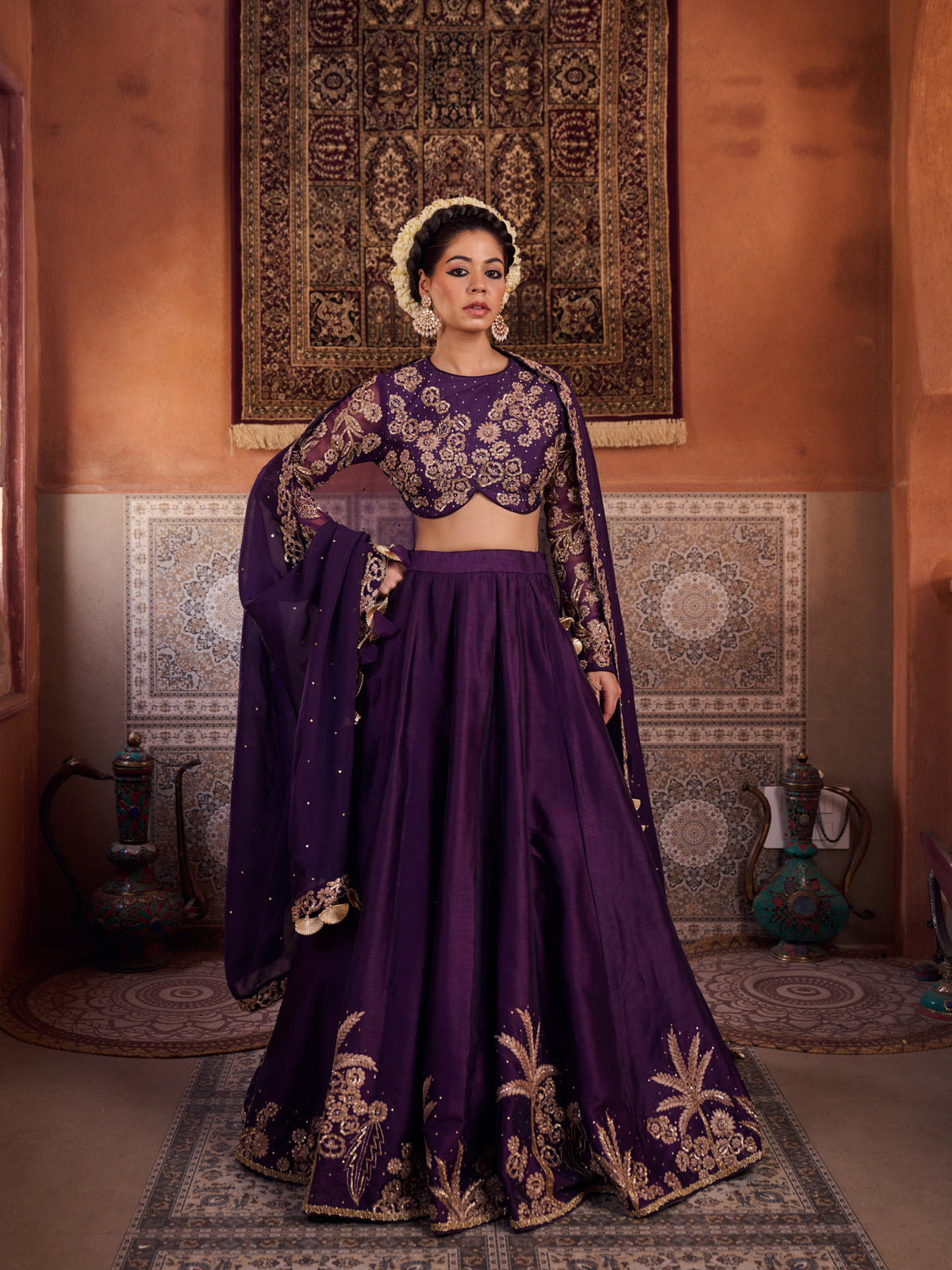 Purple Dupion Silk Blouse, Lehenga And Organza Silk Dupatta