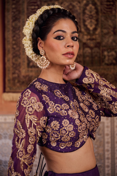 Purple Dupion Silk Blouse, Lehenga And Organza Silk Dupatta